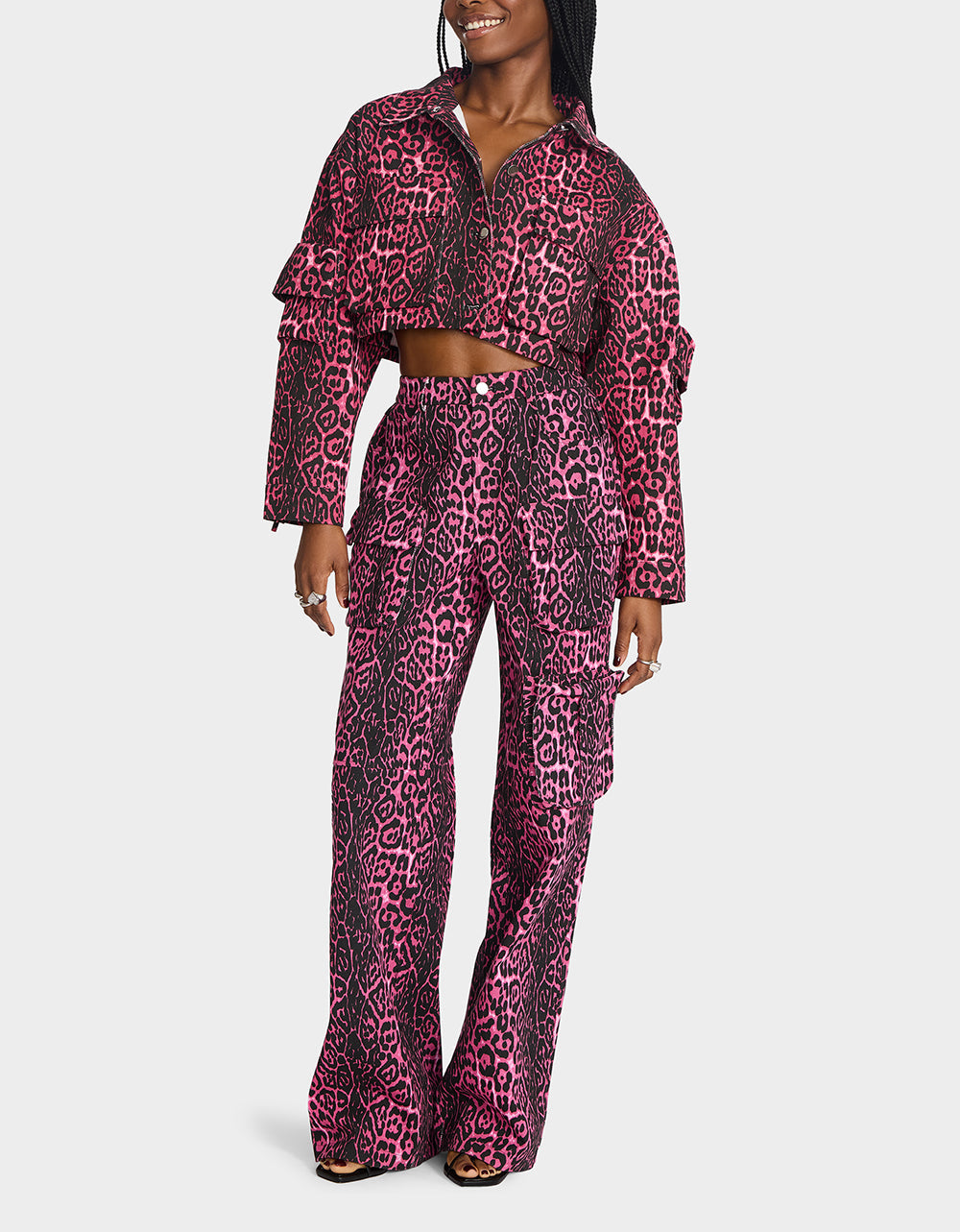 Betsey Johnson YUKI CROPPED JACKET PINK Women's Cargo Leopard Long-Sleeved Denim Jacket