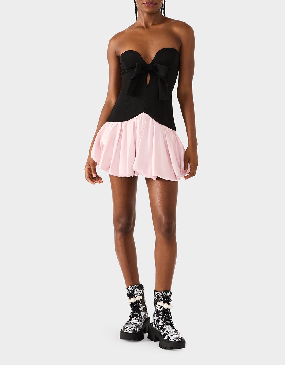 Betsey Johnson BETSEY'S BOW DRESS BLACK MULTI Women's Strapless Black and Pink Mini Dress