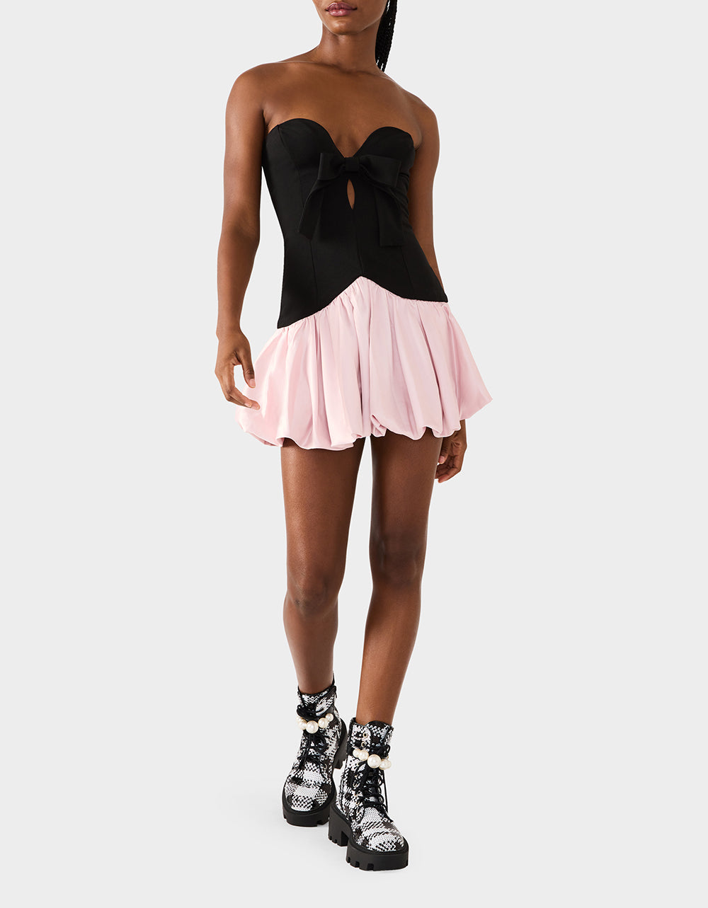 Betsey Johnson BETSEY'S BOW DRESS BLACK MULTI Women's Strapless Black and Pink Mini Dress