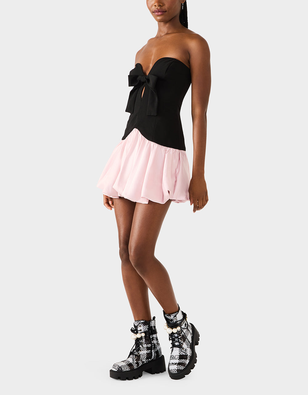 Betsey Johnson BETSEY'S BOW DRESS BLACK MULTI Women's Strapless Black and Pink Mini Dress