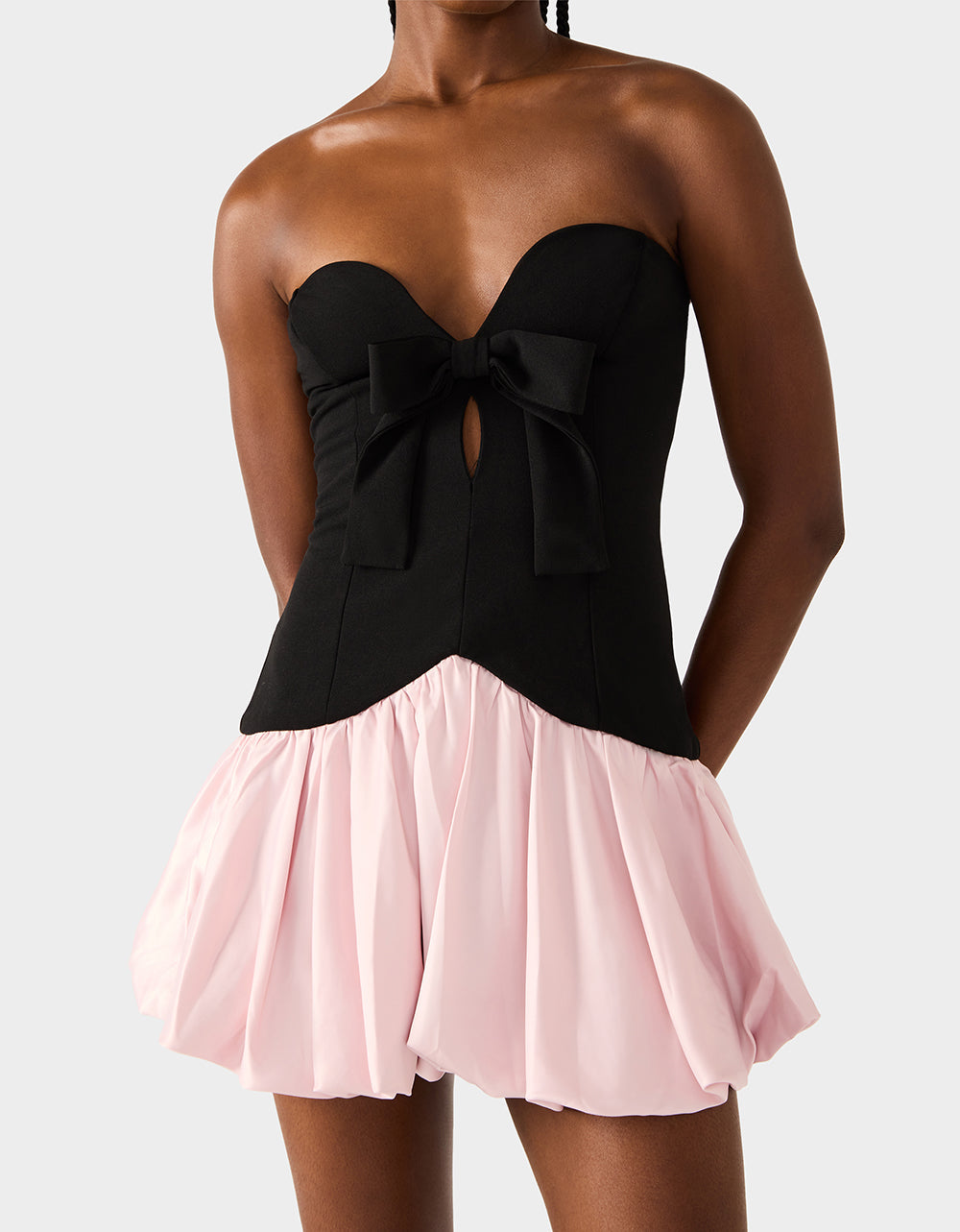 Betsey Johnson BETSEY'S BOW DRESS BLACK MULTI Women's Strapless Black and Pink Mini Dress