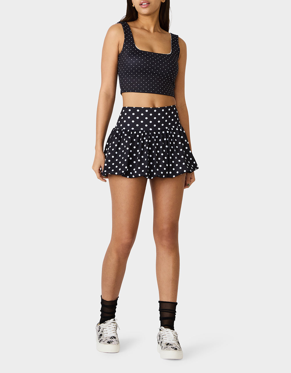 Betsey Johnson BUBBLE PRINT POLKA DOT SKIRT BLACK MULTI Women's Activewear Black Polka Dot Bubble Hem Skirt