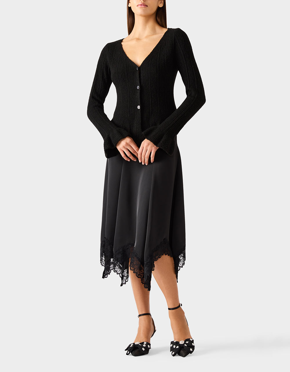 Betsey Johnson BELLE CARDIGAN BLACK Women's Black V-Neck Button Down Cardigan Sweater