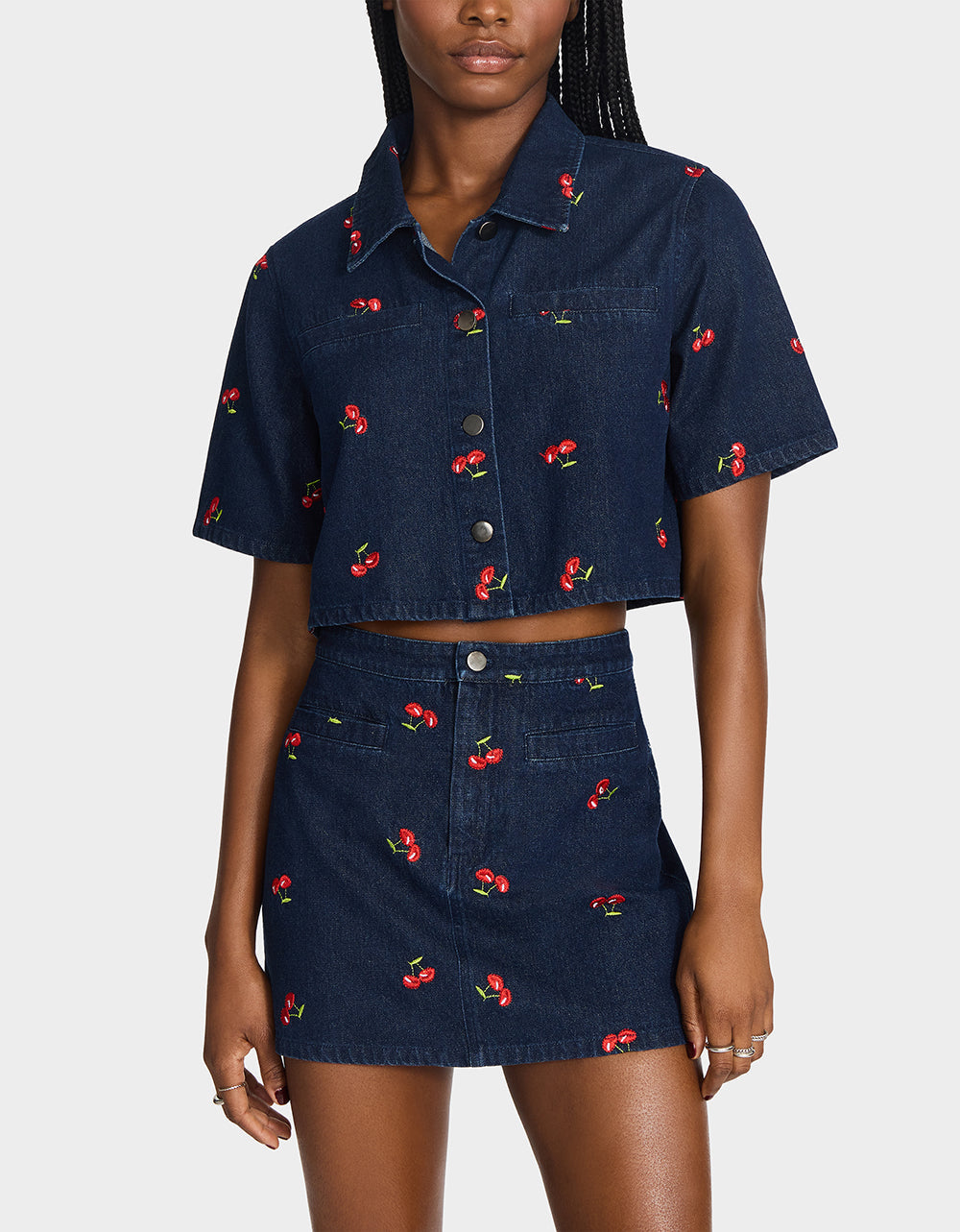 Betsey Johnson CHERRY ON TOP SHIRT DENIM Women's Button-Up Denim Top