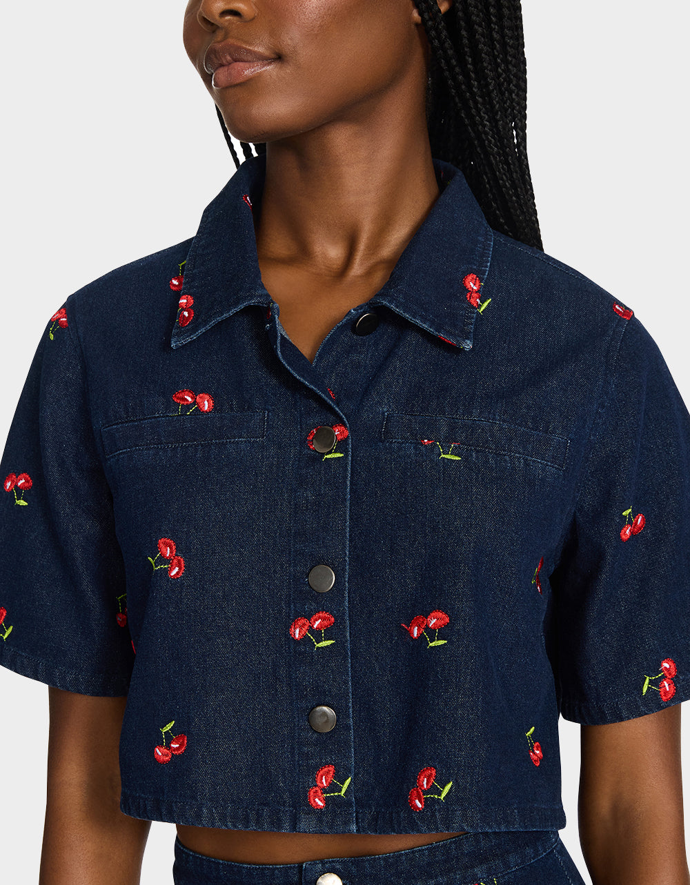 Betsey Johnson CHERRY ON TOP SHIRT DENIM Women's Button-Up Denim Top