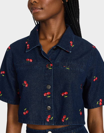 Betsey Johnson CHERRY ON TOP SHIRT DENIM Women's Button-Up Denim Top