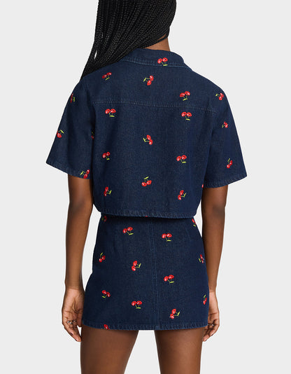 Betsey Johnson CHERRY ON TOP SHIRT DENIM Women's Button-Up Denim Top
