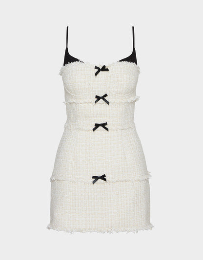 Betsey Johnson TWEED COMBO DRESS OFF WHITE Women's Tweed Bow Mini Dress