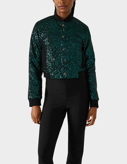 Betsey Johnson GLITTERATI BOMBER JACKET EMERALD GREEN Women's Green Sequin Bomber Jacket