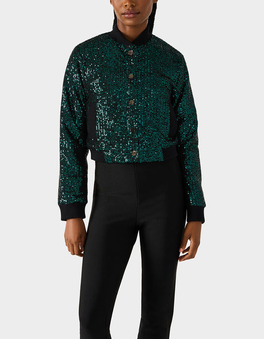 Betsey Johnson GLITTERATI BOMBER JACKET EMERALD GREEN Women's Green Sequin Bomber Jacket