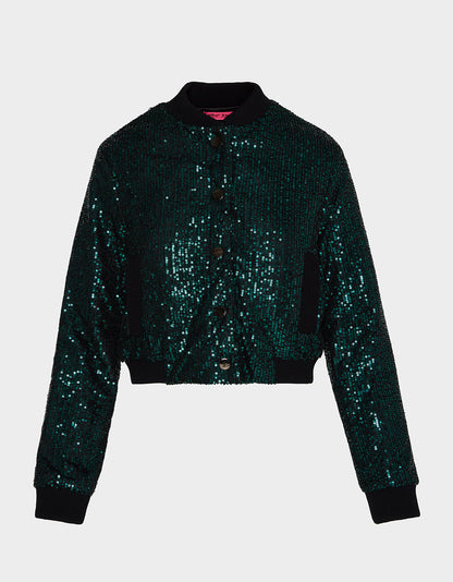 Betsey Johnson GLITTERATI BOMBER JACKET EMERALD GREEN Women's Green Sequin Bomber Jacket