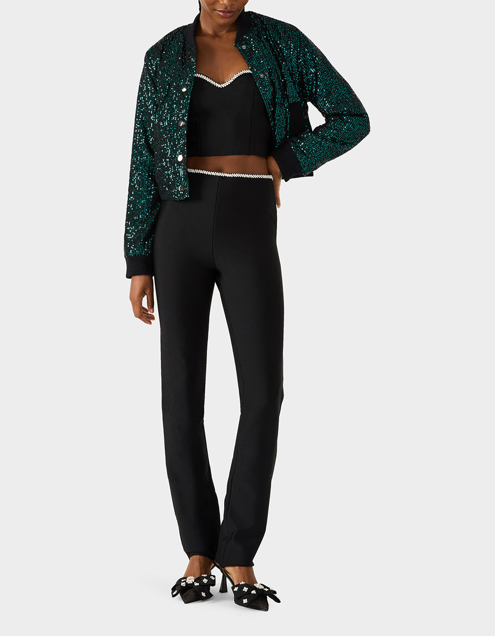 Betsey Johnson GLITTERATI BOMBER JACKET EMERALD GREEN Women's Green Sequin Bomber Jacket