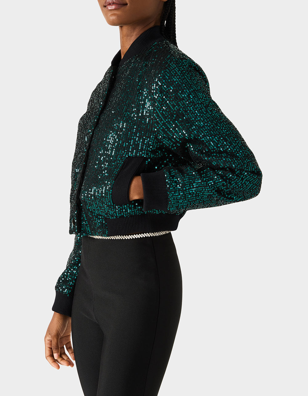 Betsey Johnson GLITTERATI BOMBER JACKET EMERALD GREEN Women's Green Sequin Bomber Jacket