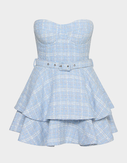 Betsey Johnson BELTED TWEED DRESS LIGHT BLUE Women's Strapless Croset Dress