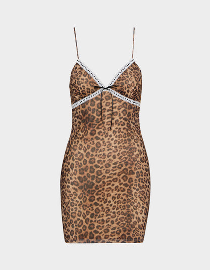 Betsey Johnson LEOPARD SLIP DRESS LEOPARD Women's Mini Lace Trim Slip Dress