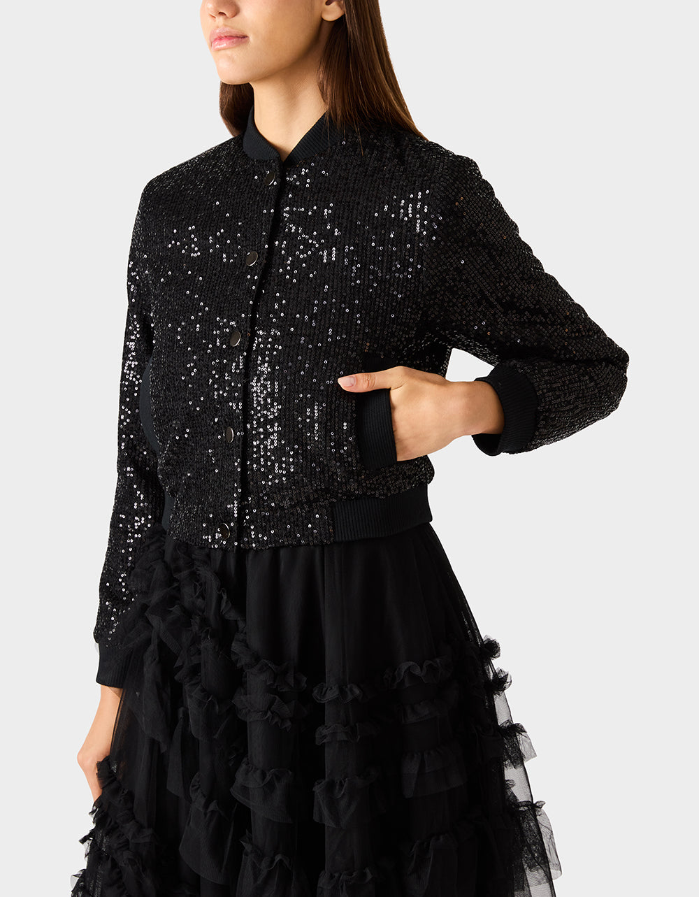 Betsey Johnson GLITTERATI BOMBER JACKET BLACK SEQUIN Women's Black Sequin Bomber Jacket