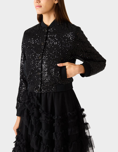 Betsey Johnson GLITTERATI BOMBER JACKET BLACK SEQUIN Women's Black Sequin Bomber Jacket