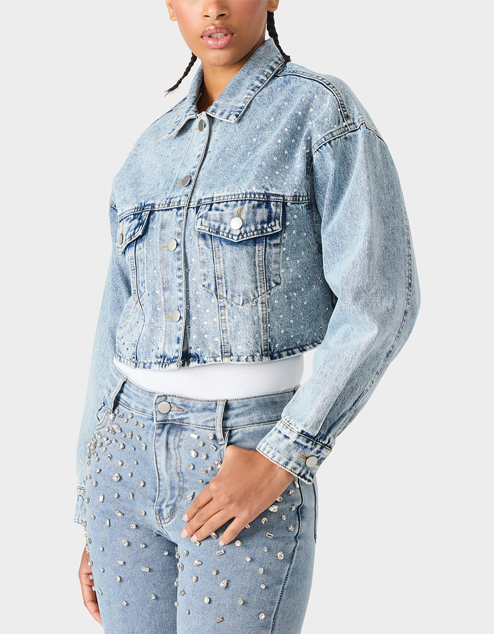Betsey Johnson SPARKLE DENIM JACKET Women's Long-Sleeved Denim Rhinestone Jacket