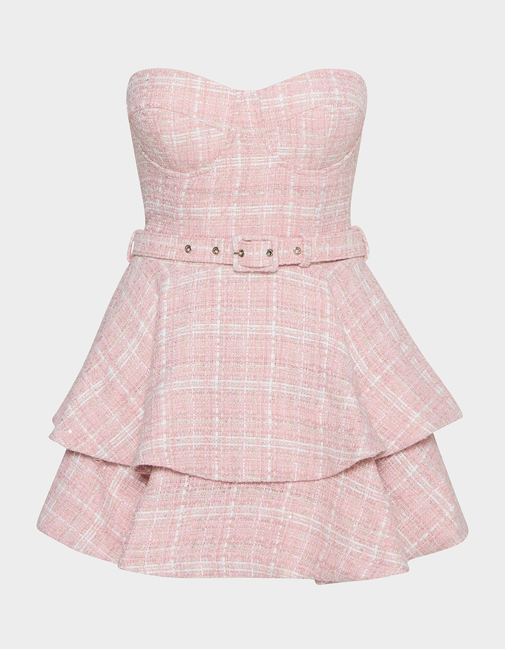 Betsey Johnson BELTED TWEED DRESS POWDER PINK Women's Strapless Croset Dress