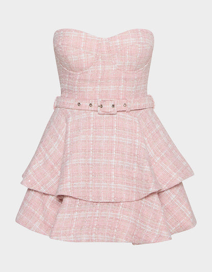 Betsey Johnson BELTED TWEED DRESS POWDER PINK Women's Strapless Croset Dress