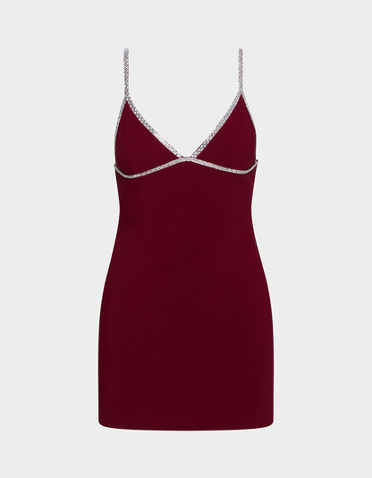 Betsey Johnson CRYSTAL SLIP DRESS WINE Women's Burgundy Wine Mini Dress with Rhinestone Details