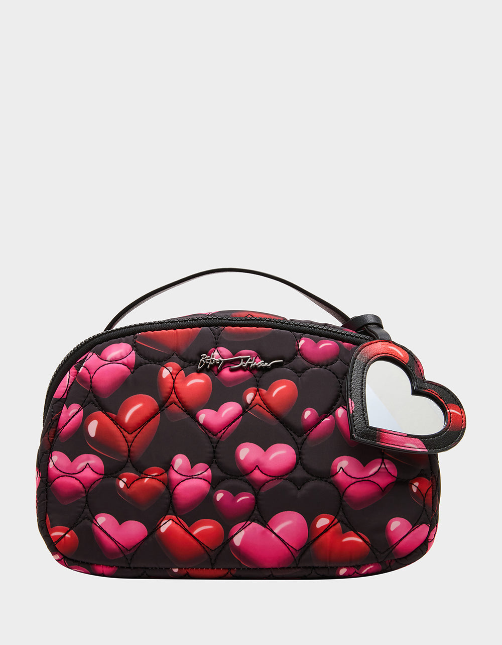 Betsey Johnson LOAF COSMETIC CASE WITH MIRROR BLACK/MULTI Women's Heart Print Travel Cosmetic Case