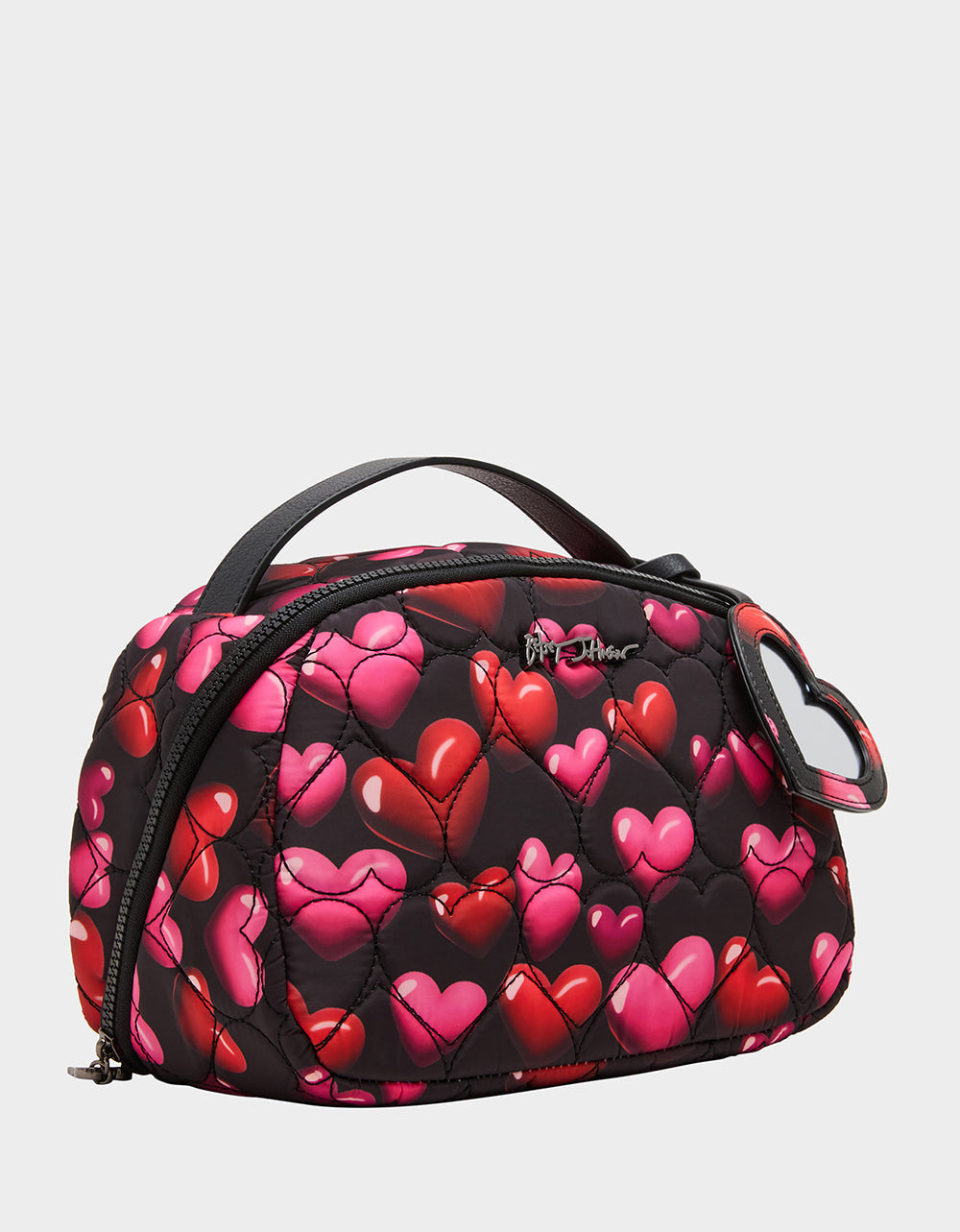 Betsey Johnson LOAF COSMETIC CASE WITH MIRROR BLACK/MULTI Women's Heart Print Travel Cosmetic Case
