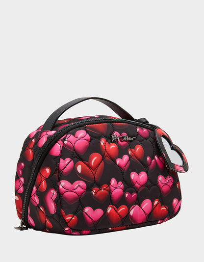 Betsey Johnson LOAF COSMETIC CASE WITH MIRROR BLACK/MULTI Women's Heart Print Travel Cosmetic Case