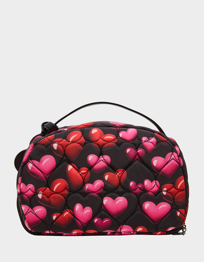 Betsey Johnson LOAF COSMETIC CASE WITH MIRROR BLACK/MULTI Women's Heart Print Travel Cosmetic Case