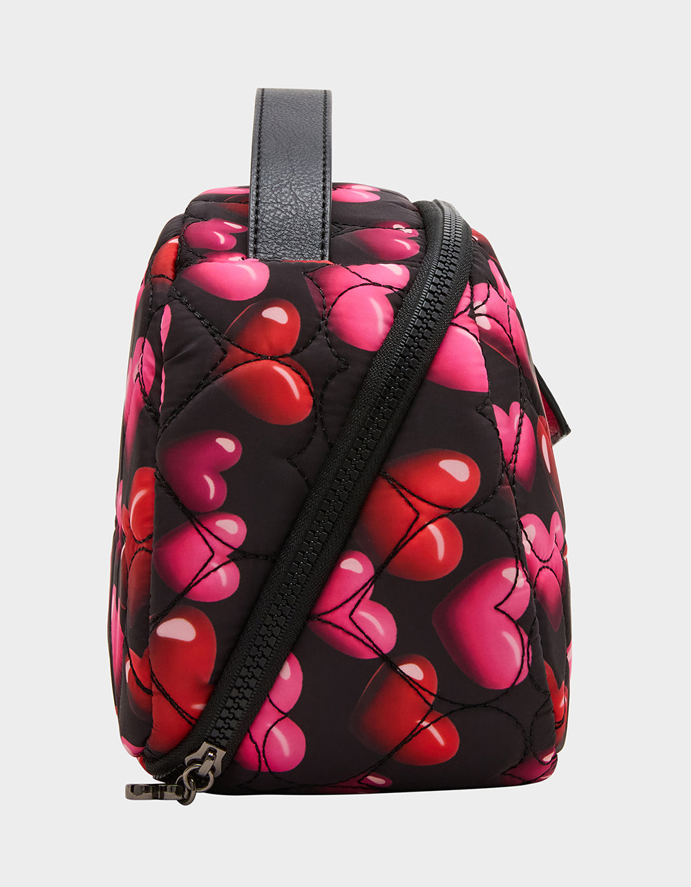 Betsey Johnson LOAF COSMETIC CASE WITH MIRROR BLACK/MULTI Women's Heart Print Travel Cosmetic Case