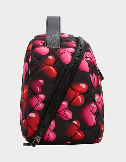 Betsey Johnson LOAF COSMETIC CASE WITH MIRROR BLACK/MULTI Women's Heart Print Travel Cosmetic Case