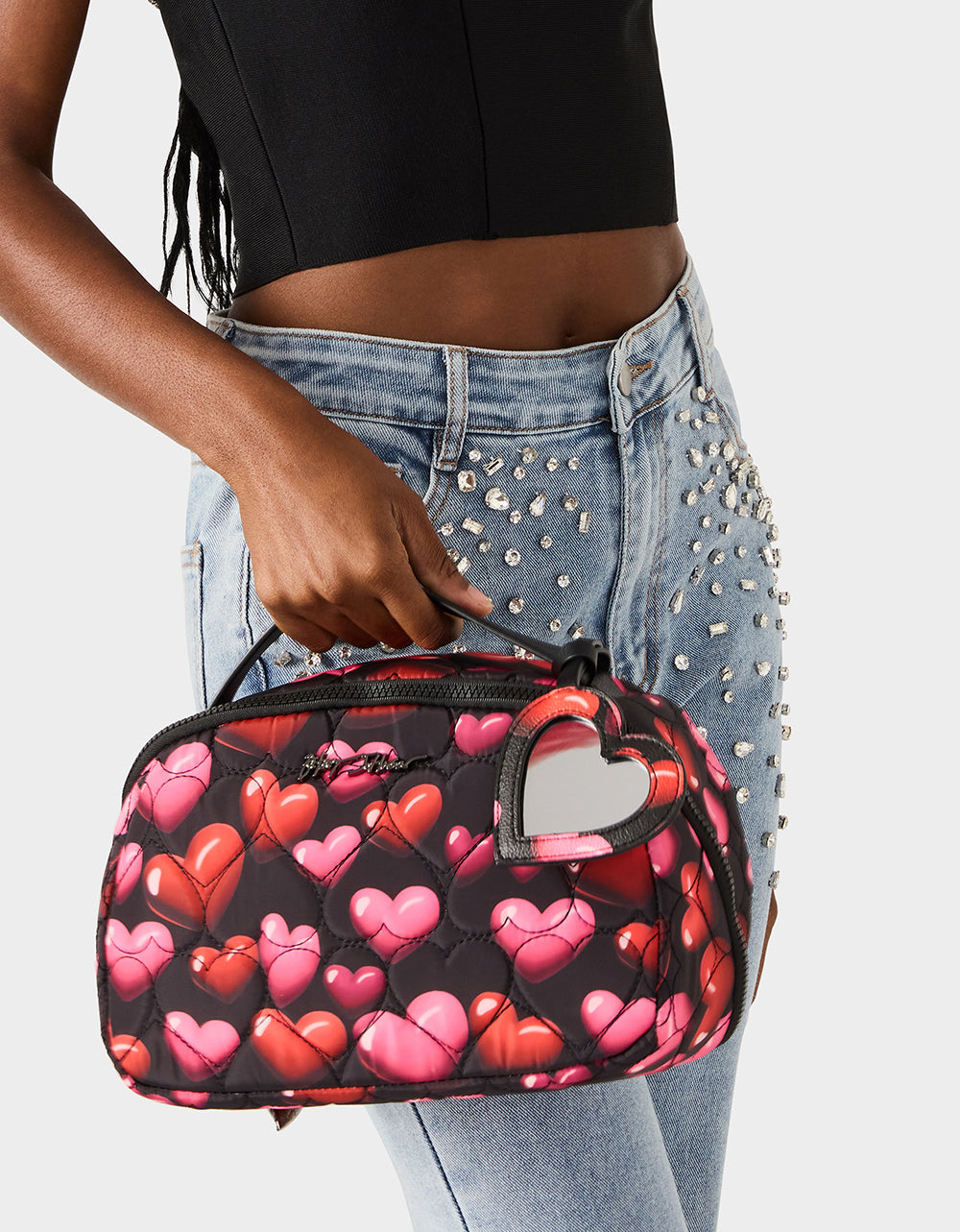 Betsey Johnson LOAF COSMETIC CASE WITH MIRROR BLACK/MULTI Women's Heart Print Travel Cosmetic Case
