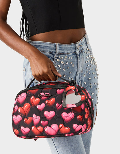 Betsey Johnson LOAF COSMETIC CASE WITH MIRROR BLACK/MULTI Women's Heart Print Travel Cosmetic Case