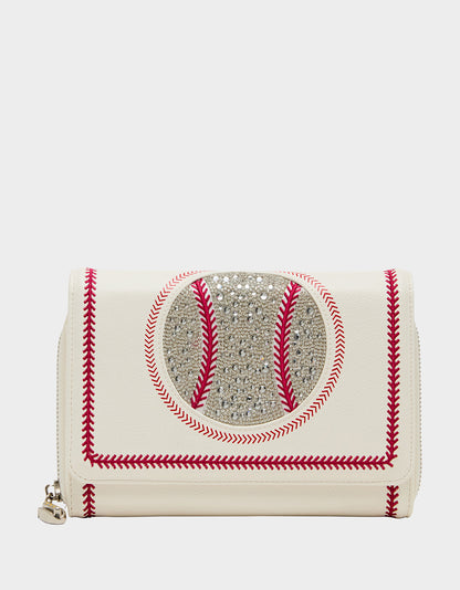 Betsey Johnson GRAND SLAM WALLET ON CHAIN CREAM Women's Baseball-Themed Rhinestone Embellished Wallet on Chain Crossbody Handbag