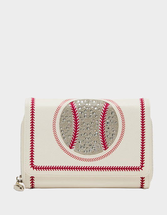 Betsey Johnson GRAND SLAM WALLET ON CHAIN CREAM Women's Baseball-Themed Rhinestone Embellished Wallet on Chain Crossbody Handbag