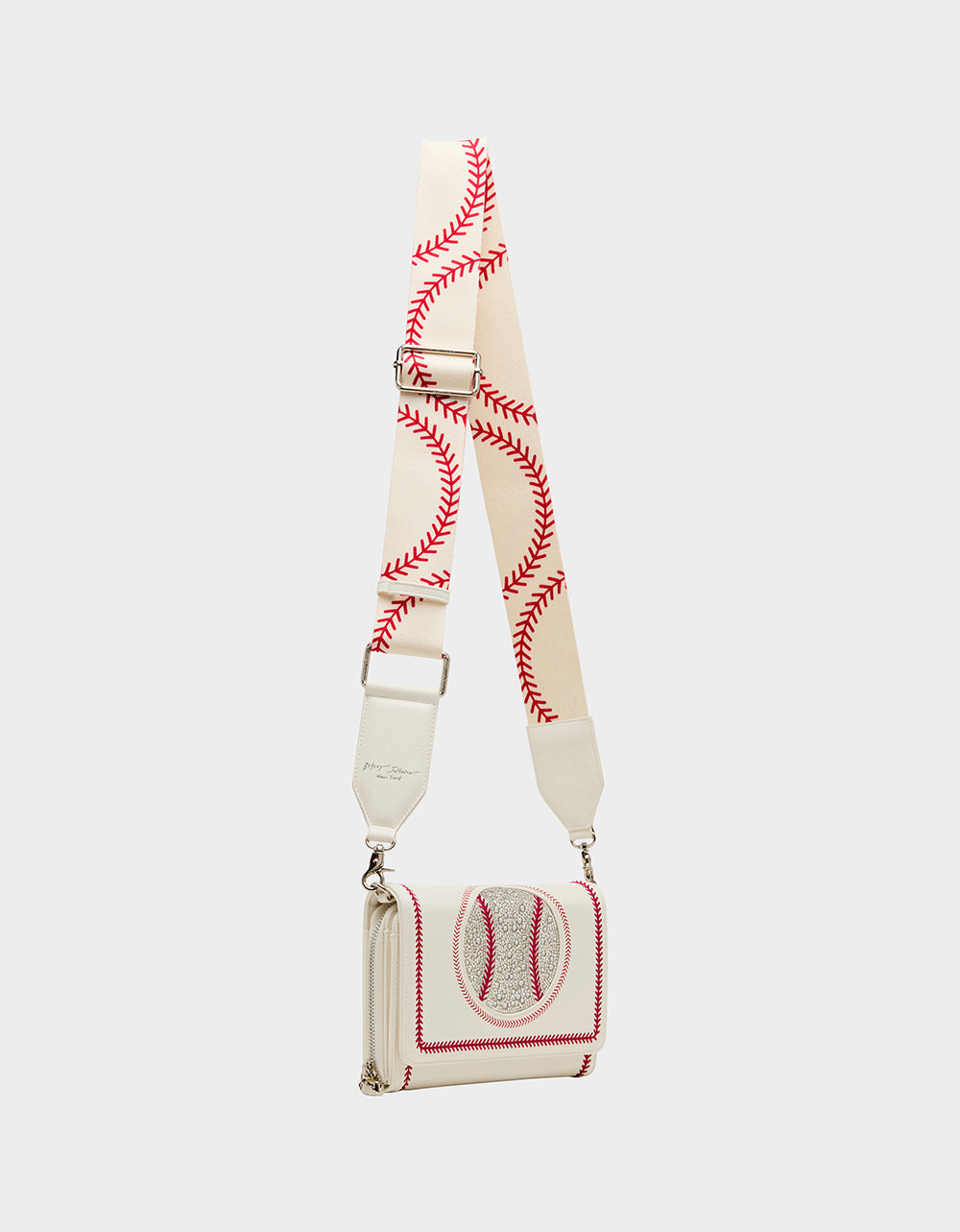 Betsey Johnson GRAND SLAM WALLET ON CHAIN CREAM Women's Baseball-Themed Rhinestone Embellished Wallet on Chain Crossbody Handbag