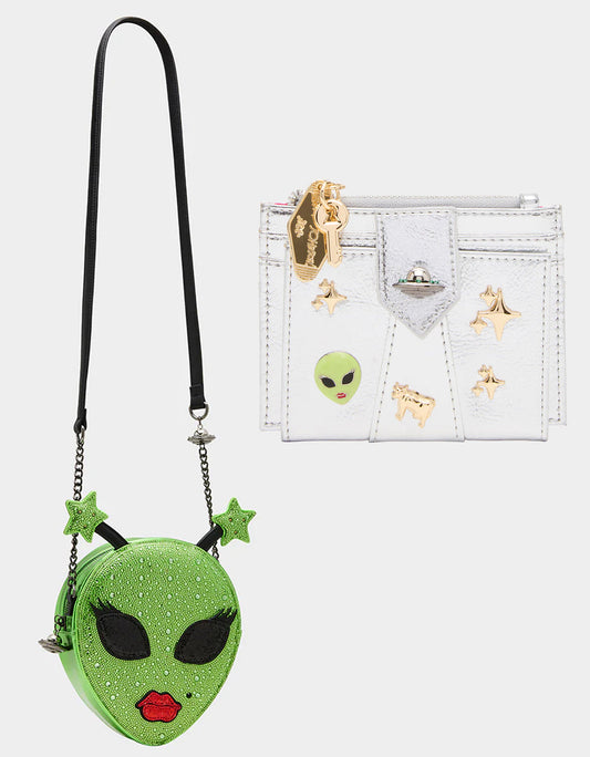 Betsey Johnson OUT OF THIS WORLD BUNDLE Women's Rhinestone Alien Crossbody Handbag and Wallet Set