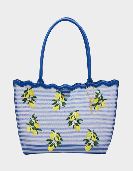 Betsey Johnson MESHIN AROUND TOTE BLUE/STRIPE Lemon Embroidered Mesh Women's Tote Handbag