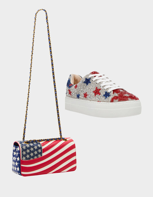 Betsey Johnson AMERICANA BUNDLE Women's Red White Blue USA Star Sneakers and American Flag Handbag Bundle