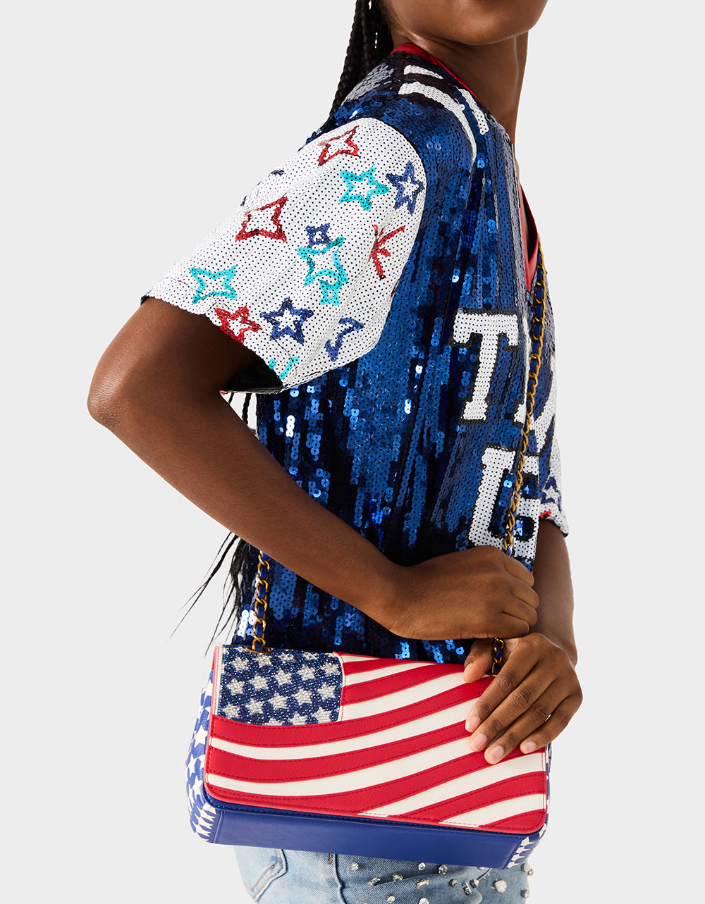 Betsey Johnson AMERICANA BUNDLE Women's Red White Blue USA Star Sneakers and American Flag Handbag Bundle