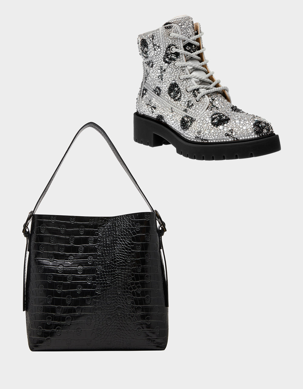 Betsey Johnson THE GOTH GIRL HOLIDAY BUNDLE Women's Rhinestone Skull Combat Boots and Black Bucket Handbag