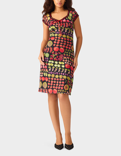 Betsey Johnson BETSEY'S FRUIT DRESS BLACK MULTI Women's Fruit Print Short-Sleeved Slip Dress