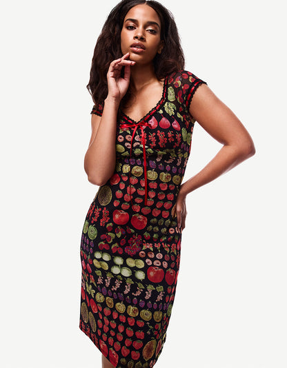 Betsey Johnson BETSEY'S FRUIT DRESS BLACK MULTI Women's Fruit Print Short-Sleeved Slip Dress