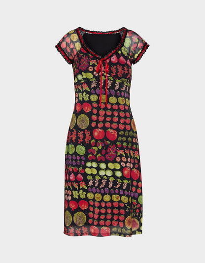 Betsey Johnson BETSEY'S FRUIT DRESS BLACK MULTI Women's Fruit Print Short-Sleeved Slip Dress