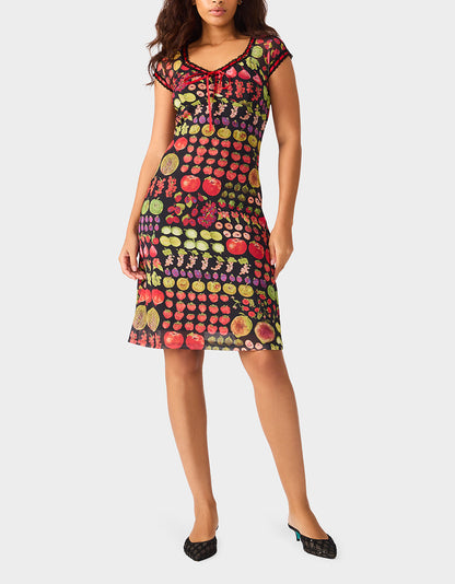 Betsey Johnson BETSEY'S FRUIT DRESS BLACK MULTI Women's Fruit Print Short-Sleeved Slip Dress