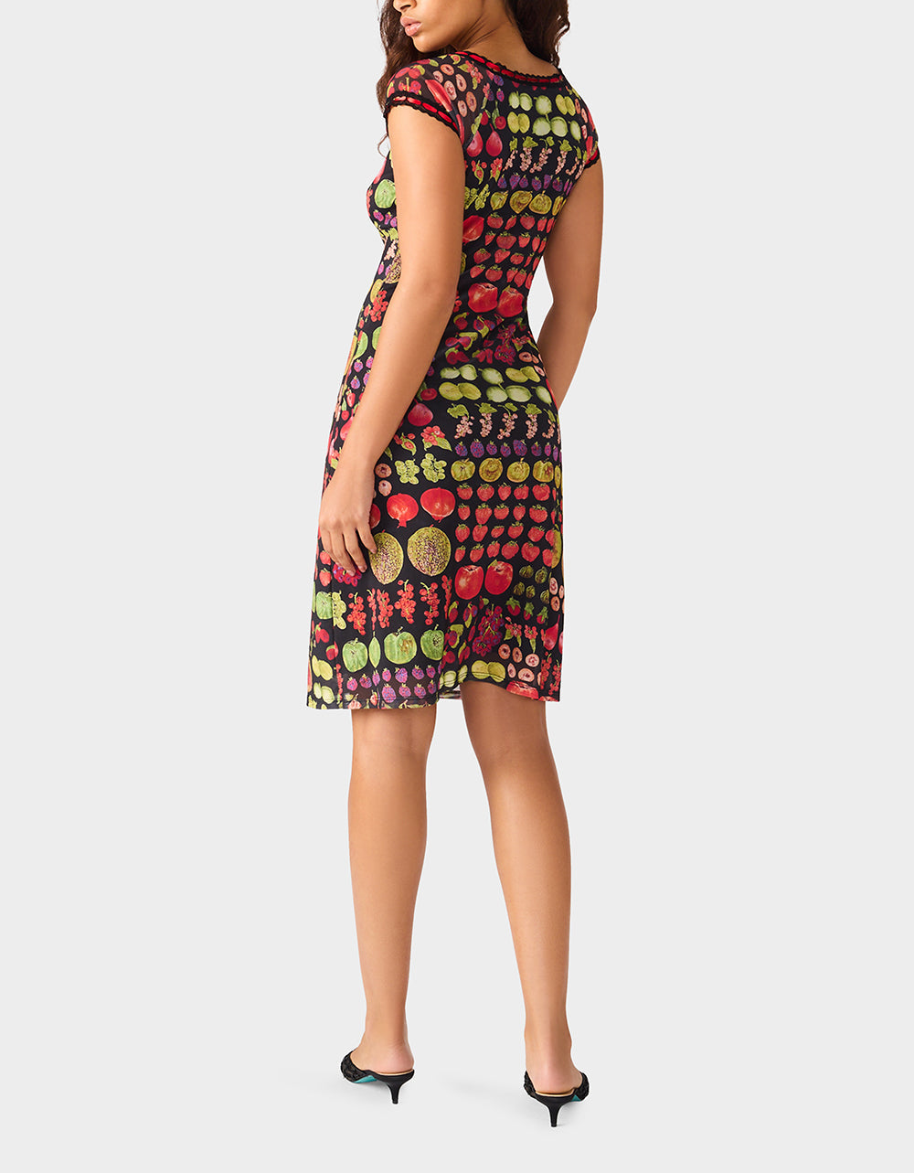 Betsey Johnson BETSEY'S FRUIT DRESS BLACK MULTI Women's Fruit Print Short-Sleeved Slip Dress