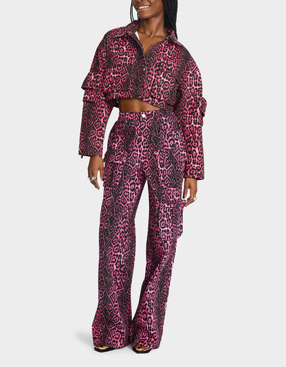 Betsey Johnson WILD IN PINK BUNDLE Women's Pink Leopard Cropped Jacket and Cargo Pant Set