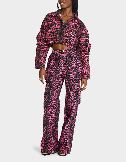 Betsey Johnson WILD IN PINK BUNDLE Women's Pink Leopard Cropped Jacket and Cargo Pant Set
