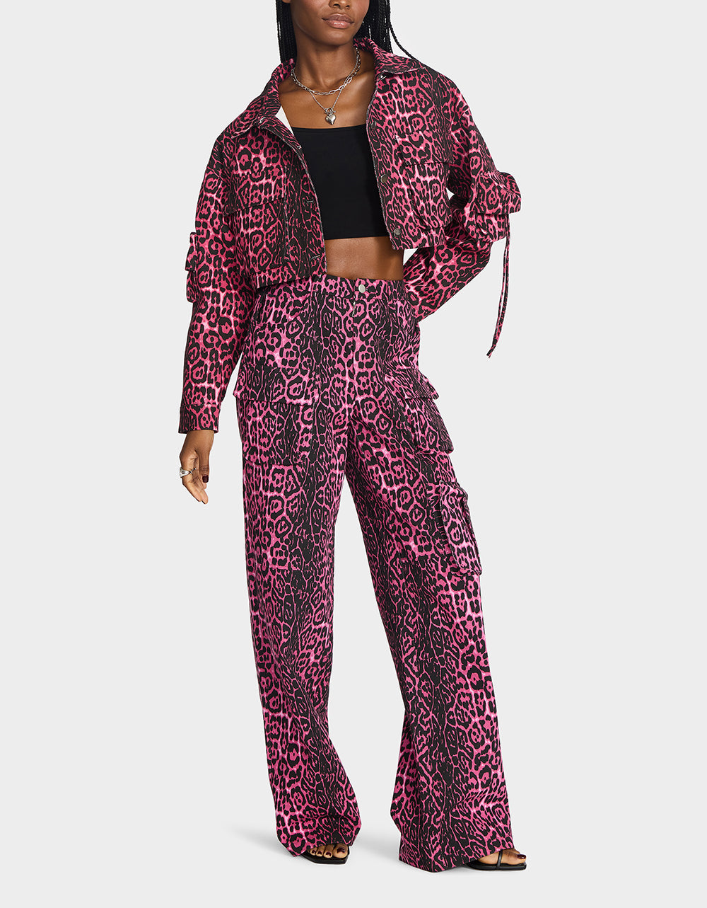 Betsey Johnson WILD IN PINK BUNDLE Women's Pink Leopard Cropped Jacket and Cargo Pant Set