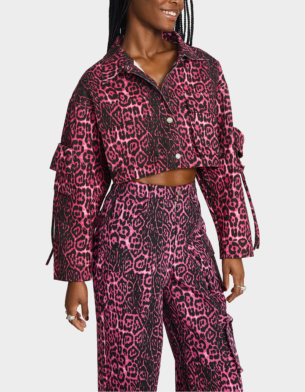 Betsey Johnson WILD IN PINK BUNDLE Women's Pink Leopard Cropped Jacket and Cargo Pant Set